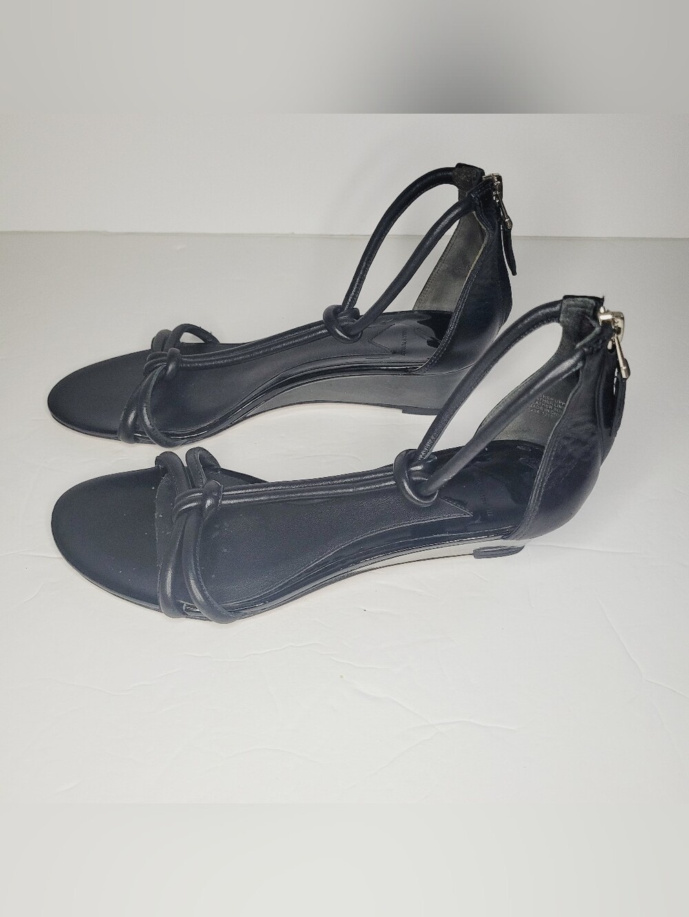 Brian Atwood Wedge Sandals Black Womens Size 7 Knotted Strap Classic Zipper Back